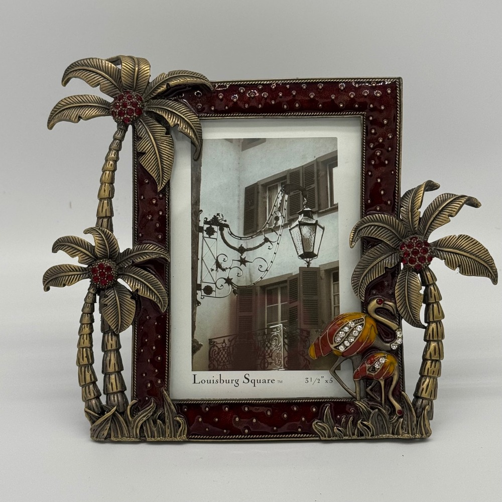 Louisburg Square Jeweled Picture Frame Burgundy Enamel Flamingo Palm Tree 6x8